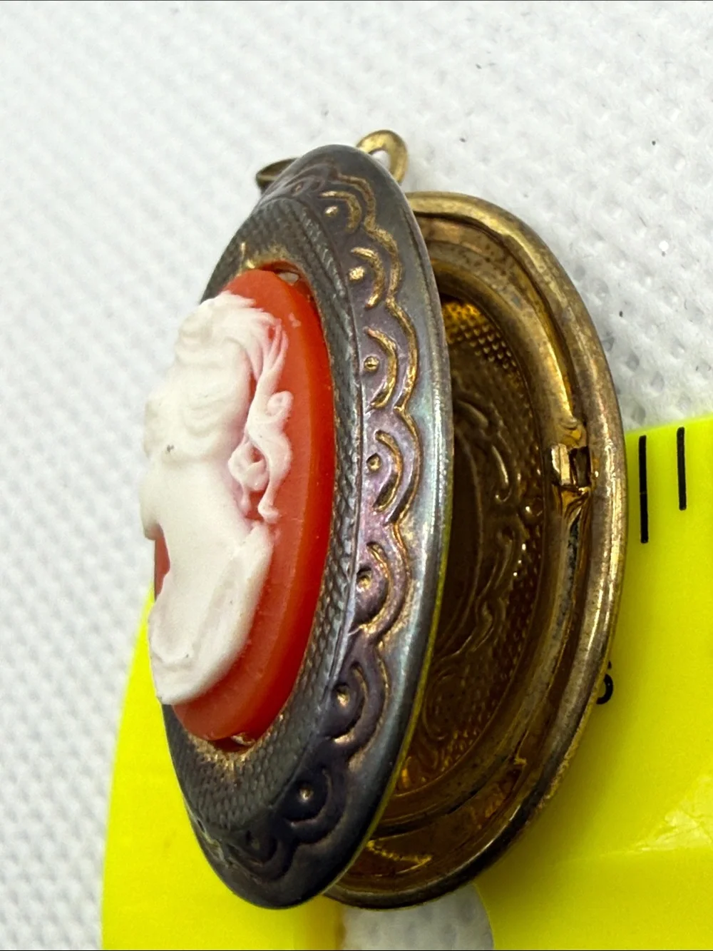 Vintage Classic White Cameo Coral lucite distressed Locket Pendant charm